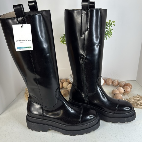 Scotch & Soda Black Leather Aubri Knee High Tall Chelsea Lug Sole 38/7.5 - Picture 3 of 11